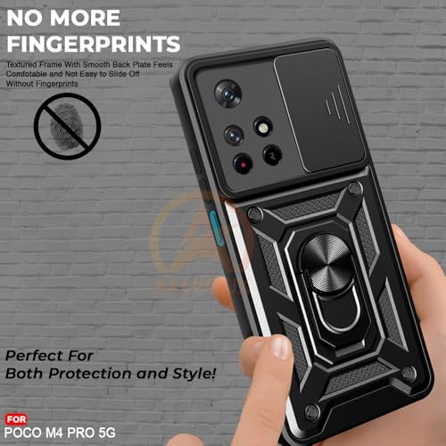 Image of Armor Bumper Back Cover Case for Poco M4 Pro 5G / Redmi Note 11T 5G Rotating Camera Cover, Ring Holder & Kickstand | Heavy Duty & 360 Degree Protection Back Cover (Black)