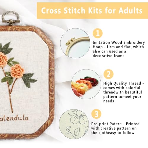 Image of GOGLAM 3 Pack Embroidery Starter Kit with Pattern, Stamped Cross Stitch Kits for Beginners, Hand Embroidery Kit for Beginners Adults with Embroidery Hoop and Instructions (Basic Style - 01)
