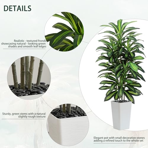Image of Artificial Dracaena Tree Indoor, 6FT Tall Fake Floor Plants with White Planter & Pebbles, Faux Silk Yucca Tree for Home Office Living Room Bedroom Farmhouse Modern Outdoor Topiary Tree