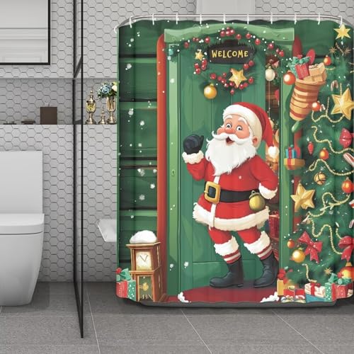 Suhoaziia Waterproof Bath Shower Curtain Soft Machine Washable Shower Curtain Liner Welcome Santa Claus Merry Christmas Tree Lights Bathroom Hotel Spa Christmas Decor Shower Liner 72x72 Inch