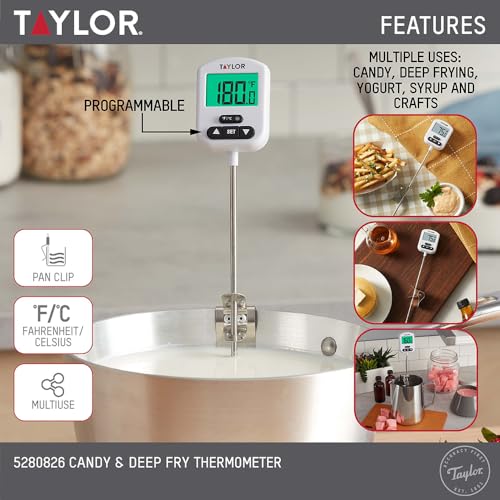 Image of Taylor Programmable Digital Candy and Deep Fry Thermometer with Green Light Alert Display, Long Stem, and Adjustable Pan Clip, White