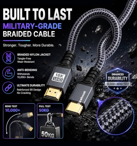 Image of 16K HDMI to HDMI 2.2 Cable 3FT, 96Gbps Ultra High Speed, 8K@240Hz, 4K@480Hz, eARC, VRR, Braided HDMI Cord with Gold-Plated Connectors for PS5, Xbox, Gaming PC, Monitor & TV
