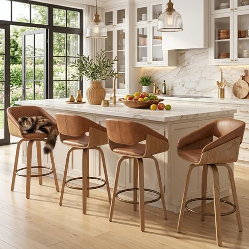 Image of HNY 26'' Modern Barrel Swivel Counter Stools Counter Height Swivel Bar Stools with Backs Set of 6, Brown Faux Leather Bar Height stools, Farmhouse Solid Wood Barstools for Kitchen Island, Home Bar