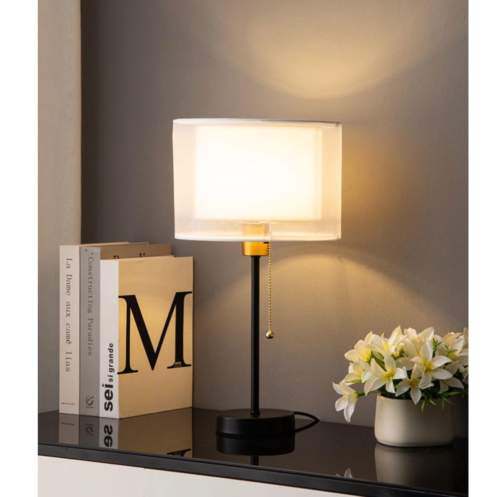 Moderno Lampada da Tavolo in Metallo E27, Paralume Doppio in Tessuto e PVC, 25x49 cm, per Comodino Camera da Letto,Soggiorno/studio,Lampadina LED non inclusa (B)