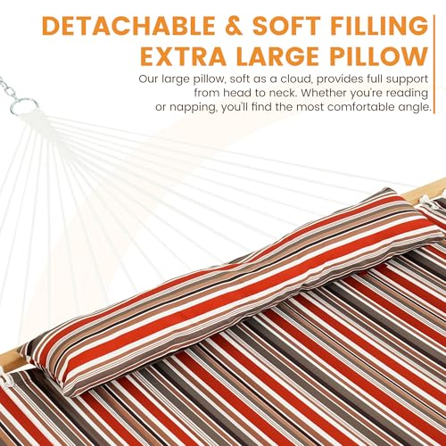 Image of Lazy Daze Hammocks 12FT Quilted Fabric Double Hammock with Hardwood Spreader Bar, Detachable Pillow and Carabiners for Outside, 2 Person Hammock for Outdoor, 450LBS Capacity, Red Brown