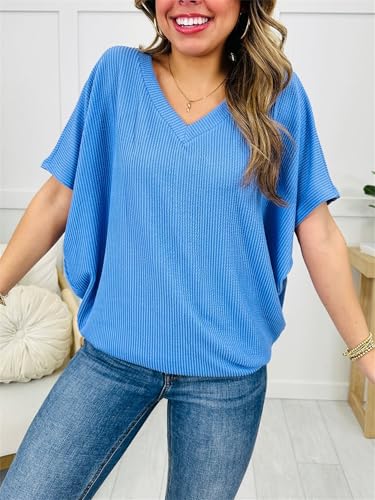 Batwing Tops for Women – Oversized Casual T-Shirt with Banded Waist V Neck Short Sleeve Sweater3