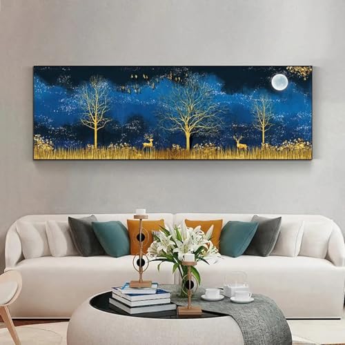 Toile cerf bleu et doré 40x120 cm sublimer l'ambiance de votre salon ou grand bureau moderne