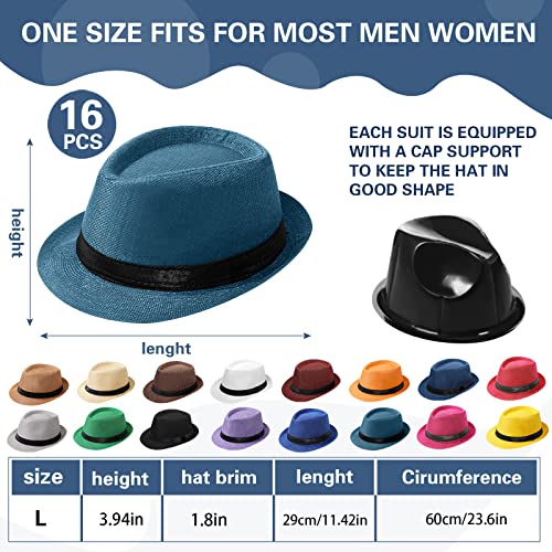 Image of Lasnten 16 Pcs Fedora Style Hat Bulk Men 1920s Gangster Short Brim Panama Cap Women Party Costume, Circumference 60 cm(Multicolor)
