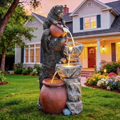 Ultym 37.5" H Resin Playful Twin Bear Fountain Outdoor, Whimsical Multi-Tiered Stone Vessel Water Feature Outdoor with Lights, Soothing Cascading Waterfall for Patio, Backyard, Garden or Porch
