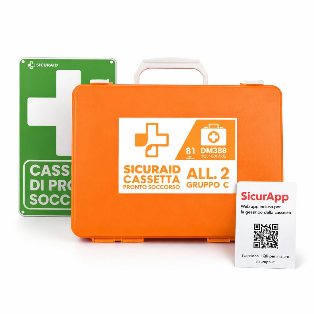 SICURAID Cassetta Pronto Soccorso Aziendale Allegato 2 DM 388/2003 CE MDR con Web App SicurApp | Kit Medico Certificato | Valigetta Arancio con Cartello per Aziende fino a 2 Dipendenti – Gruppo C