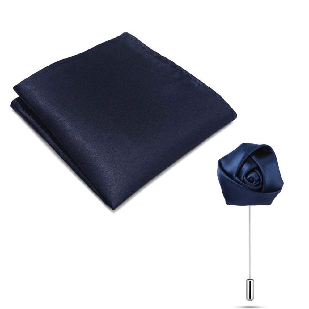 Navy Blue Premium Mens Solid Micro Fiber Silk Satin Pocket Square Wedding Handkerchiefs Along With Handmade Polyester Navy Blue Rosebud Lapel Men Brooch - Pack of 2-image-27