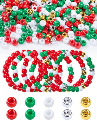 Taybonds 1000Pcs Christmas Pony Beads Red and Green White Gold Silver Colors Plastic Kandi Beads for Bracelet Making Hair Braids Necklaces Key Chains Jewelry Party