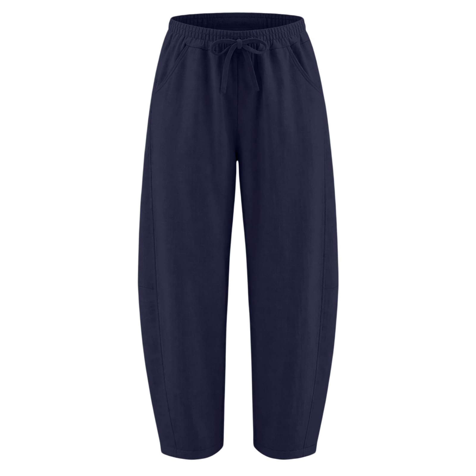 Generisch Barrel Pantalon d'été léger pour femme - Pantalon d'été large - Pantalon bombé - Pantalon long en lin - Taille haute - Décontracté - Avec poches - Pantalon de loisirs - Pantalon de plage