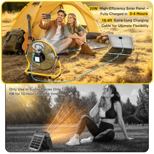 ZMLBTF 16 Inch Solar Camping Fan with 20W Detachable Solar Panel, Yellow - image 6