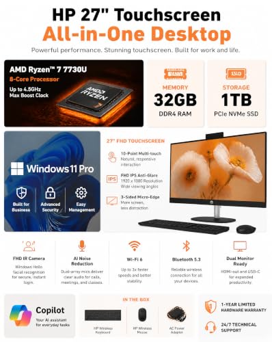 Image of HP 27 inch Touchscreen All-in-One Desktop Computer, 16GB RAM, 1TB SSD R7 7730U