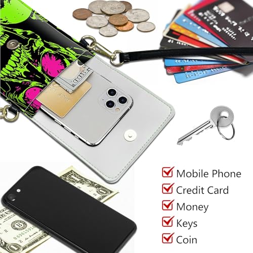 Small Crossbody Bag Cell Phone Purse for Women Men, Neon Green Skull Touch Screen Phone Bag PU Leather Mini Adjustable Strap Bag Double Pockets Wallet Case for All Smartphones4