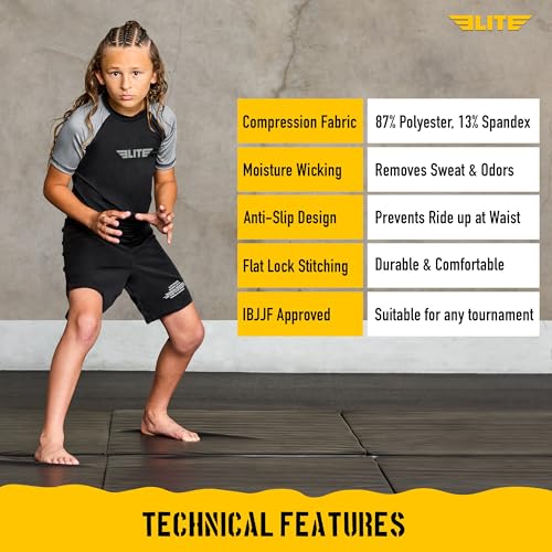 Image of Elite Sports Kids Jiu Jitsu BJJ Rash Guard, Short Half Sleeve Compression Shirt for Youth Boys Girls Sports Nogi Training
