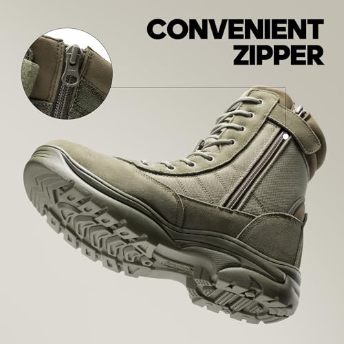 NORTIV 8 Men's Military Tactical Work Boots Side Zipper Leather Motorcycle Combat Boots Trooper(6-8 Inches),Size 11,Army Green