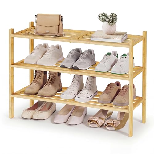 SONGMICS Bamboo Shoe Rack for Closet, Stackable Shoe Oragnizer with Modular Structure, Space-Saving Free Standing Shelf for Entryway Bedroom, 3-Tier, Holds 12-16 Pairs, Natural Color ULBS053YL01