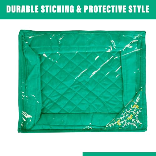 Image of Kuber Industries Saree Cover with Zip Closure | Clothes Storage Bag for Wardrobe Organiser | Transparent Top Saree Cover | Side Embroidery-Design | 9 inch | Pack of 2 | Green
