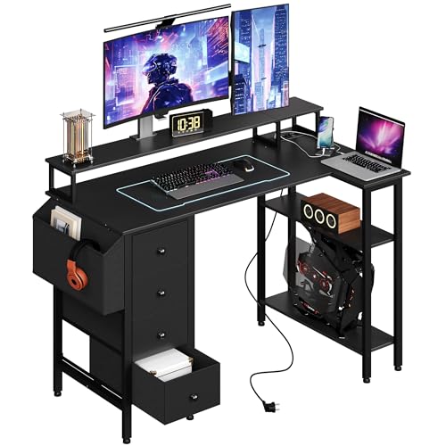Yaheetech Escritorio L con 4 Cajones, 120x68cm Mesa Escritorio Gaming en L con Soporte para Monitor, 2 Enchufes y 2 Puertos USB, Escritorio Esquina Reversible Trabajo y Juegos, para Oficina, Negro
