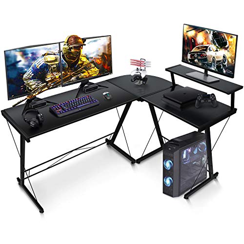 SIMBR L-Shaped Desk 58.4â€ Computer Desk, Corner Gaming Desk with Shelf, Home Office Desk Space-Saving Study Table Writing Workstation, Easy to Assemble, Black