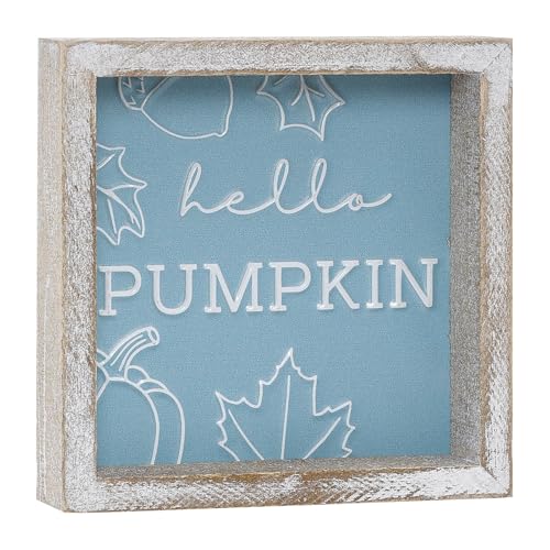 Image of Embossed Hello Pumpkin Sign, Rustic Fall Decorations for Home, Thanksgiving Centerpieces for Table Cubicle Desk Mantel Fireplace, Autumn Tiered Tray Decor