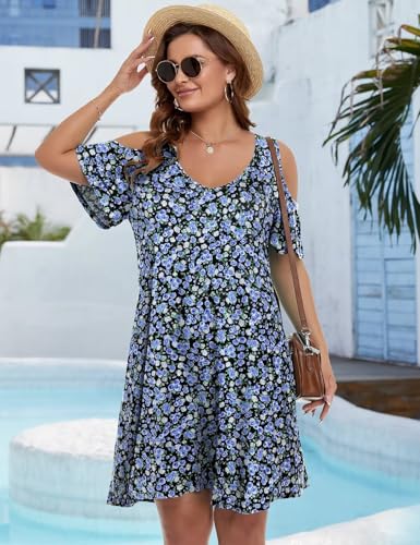 Image of JollieLovin Womens Plus Size Short Sleeve Cold Shoulder V Neck T-Shirt Dress with Pockets