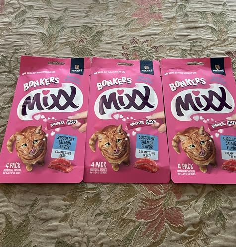 Bonkers Mixx, Wet Lickable Tube Succulent Salmon Flavor Cat Treats, Real Meat, Training or Food Topper, for All Breeds and Ages (3 Pack)