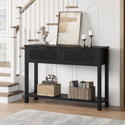 GAOMON Farmhouse Entryway Table,43 Inch Wood Console Table with 2 Drawers,2 Tier Sofa Table with Storage for Living Room, Foyer Tables for Entryway-Black