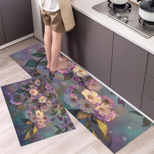 Alfombras de Cocina Flores Cerezo Ondulantes Antideslizantes Juego de 2 Alfombra Atmósfera Primaveral Ensueño Alfombra de Suelo para Delante Fregadero, Pasillo y Comedor, Púrpura, 43x75cm+43x150cm