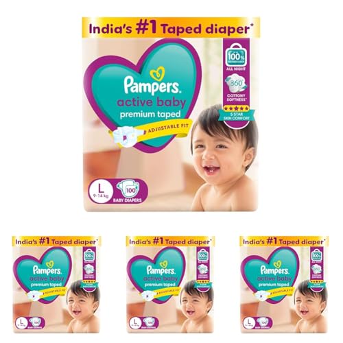 Image of Pampers Active baby Tape Style Baby Diapers, Large (L), 100 Count, 9-14 kg, Adjustable Fit with 5 Star Skin Protection (Pack of 4)