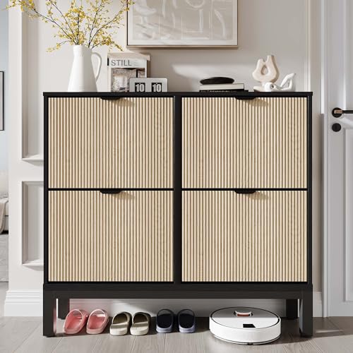 GAOMON Shoe Cabinet with 4 Flip Drawers, Entryway Cabinet with Adjustable Shelves, Accommodate 16 to 20 Pair of Shoes, Space-Saving Slim Shoe Cabinet for Entryway, Hallway, Front Door, Black Oak