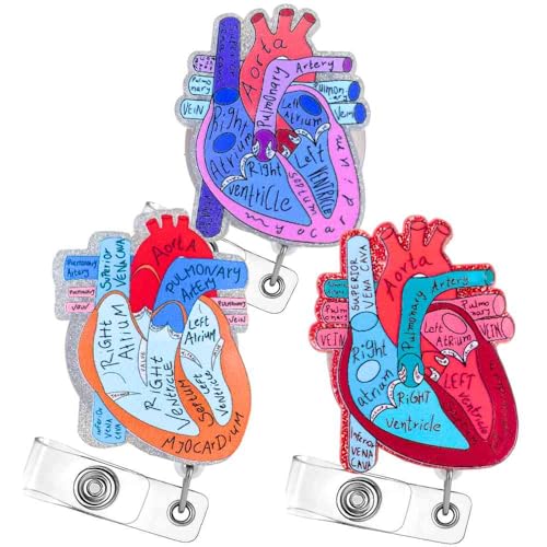 3 PC Cardiac Heart Phlebotomy Badge Reel Holder Retractable with ID Name Card Tag Clip for Nurse Nurses Nursing Anatomy Surgery Student Doctor CNA RN MA ICU LPN Medical Hospital Accessories