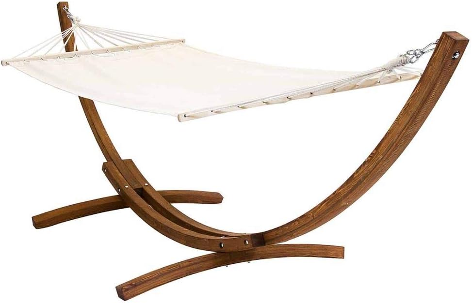 CHARLES BENTLEY Large 3M Hammock, With Larch Wooden Arc Stand, For One Person, Adjustable Hammock Height, In Cream, Free Standing, No Tree, Canvas Fabric, Swing Seat, Cotton, Polyester 310x129x120cm