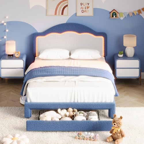 Image of GarveeHome Full Size Bed Frame with LED Headboard for Kids, Sherpa Upholstered Platform Bed Frame with Storage Drawer and Wood Slat Support, No Box Spring Required, Easy to Assemble (Blue, Full)