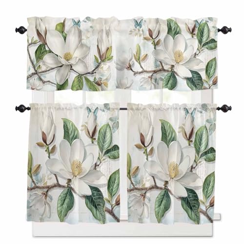 White Floral Kitchen Curtains 36 Inch Length,3 Piece Rod Pocket Small Half Tiers and Valance Set,Botanical Magnolia Flower Leaves Butterfly Small Large Window Treatment Decor for Bedroom/Bathroom