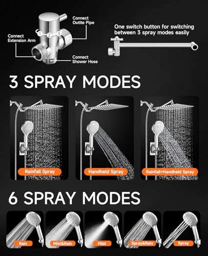 10 inch Rain Shower Head with Handheld Spray Stainless Steel, High Pressure Square Rainfall Showerhead Combo with 6 Handheld Sprayer, Detachable Shower Heads Waterfall Shower for Bathtub
