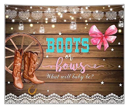 Avezano Boots or Bows Gender Reveal Backdrop Rustic Wooden Cowboy Boots Gender Reveal Party Decorations Boy or Girl Baby Shower Photography Background Cake Table Banner (6x5ft)