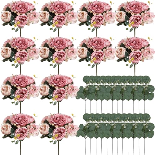 Nagobi 12 Bundles Dusty Pink Peonies Artificial Flowers for Centerpieces