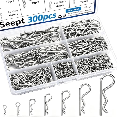 Image of 300Pcs 304 Stainless Steel R Cotter Pins - 7 Sizes Assortment Kit, Heavy-Duty Hitch Lock Pins for Trucks, Trailers, Engines & Farm Equipment