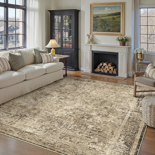 9x12 Area Rug Washable Vintage Neutral Living Room Carpet Large Indoor Non Slip Brown Bedroom Distressed Low Pile Retro Accent Throw Rug for Dining Room
