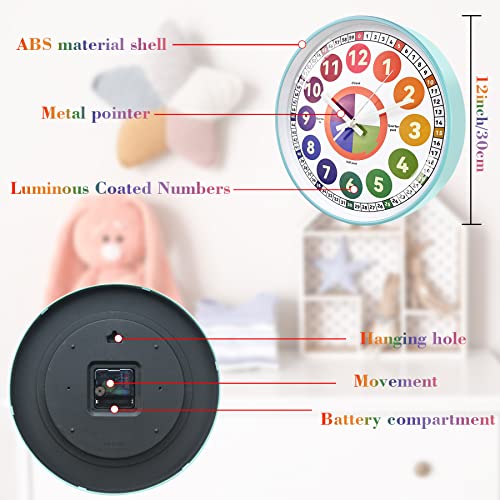 Dorboker Learning Clock For Kids, Glow In The Dark Wall Clock For Bedroom, 12 Inch Silent Night Light Kids Wall Clock, Colorful Illuminated Telling Time Teaching Clock,Kids Room Decor (Ice Blue) #TOP2