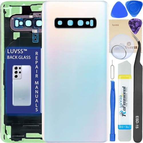 LUVSS Vitre Arrière pour Samsung Galaxy S10 SM-G973F/DS Blanc Coque Cache Batterie avec Lentille de Caméra, Adhésifs, Kit Outils, Guide De Réparation