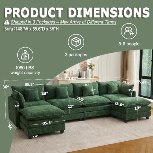 Image of 148 inch Modular Sectional Sofa, U Shaped Cloud Couch with 2 Ottomans | Comfy Chenille Deep Seat Sofa with Throw Pillows, 6 Seat Modern Couches for Living Room Bedroom Apartment, Green, 148 inch U