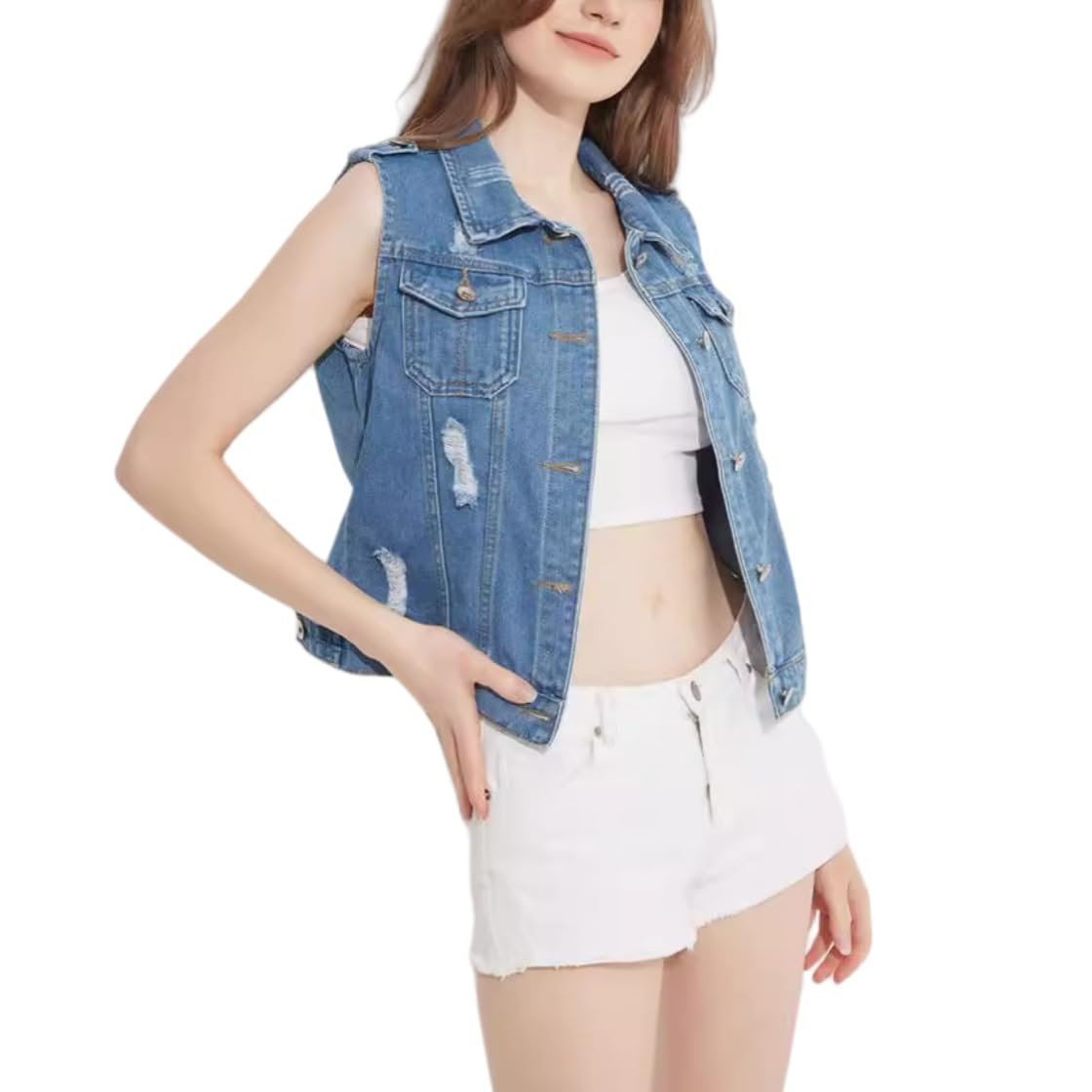Gilet Jeans Donna,Gilet In Denim Lavato con Bottoni Da Donna Tasche con Patta Sul Petto Gilet Da Donna In Denim Jeans Blu Senza Maniche Giacche Camicie Aperte Sul Davanti Cappotti Capispalla Blu Nav