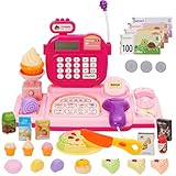 Cash Registers for Kids, Small Pretend Play Calculator Toy with, Realistic Sound Talking Effect, Develops Early Math Skills (Pink)
