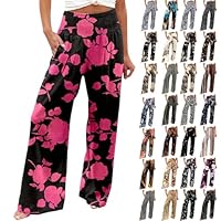 Pantaloni da Donna a Gamba Larga Elasticizzati a Vita Alta Pantaloni da Spiaggia in Cotone Lino Pantalone Estivi a Palazzo (a1-Rosa Caldo, M)