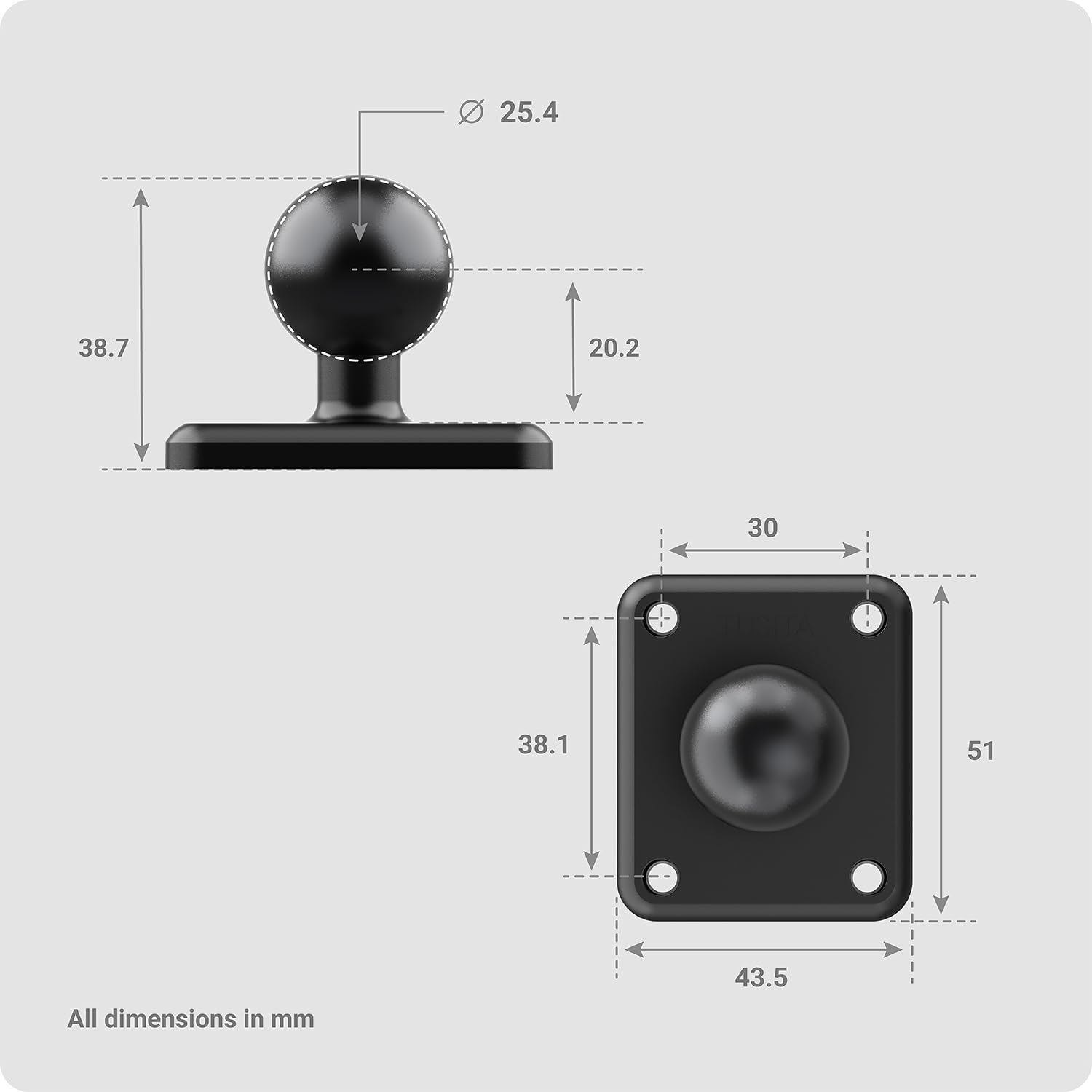 TUSITA Metal Rectangular AMPS Connection Plate with B Size 1" Ball