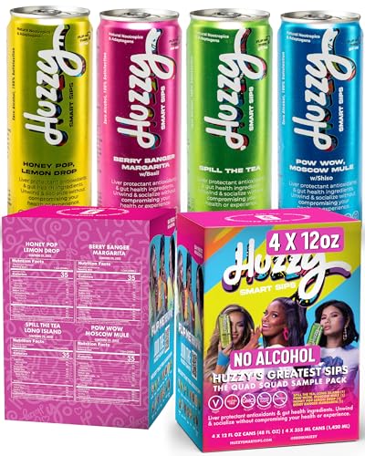 Huzzy Smart Sips Non-Alcoholic Drinks – Long Island, Berry Banger Margarita, Honey Pop & Moscow Mule Inspired Cocktails – Alcohol-Free, Low Calorie, Low Carb, No Refined Sugar, No Caffeine, No Artificial Colors - 4 Pack